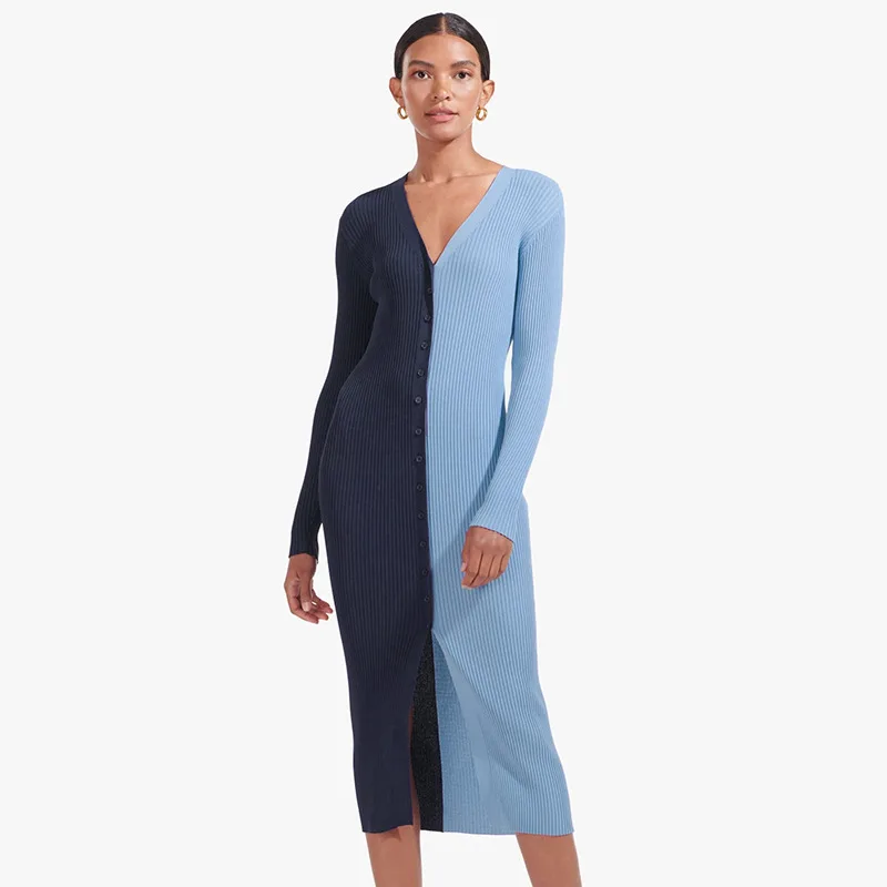 

New temperament commuter color matching button high waist dress V-neck slim fit medium length Hip Wrap Skirt long sleeve rib