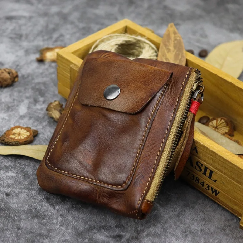 Wrinkled Cowhide Genuine Leather Men's Coin Purse Genuine Leather Zipper Wallet Retro Key Holder Small Money Bag Men Short Purse