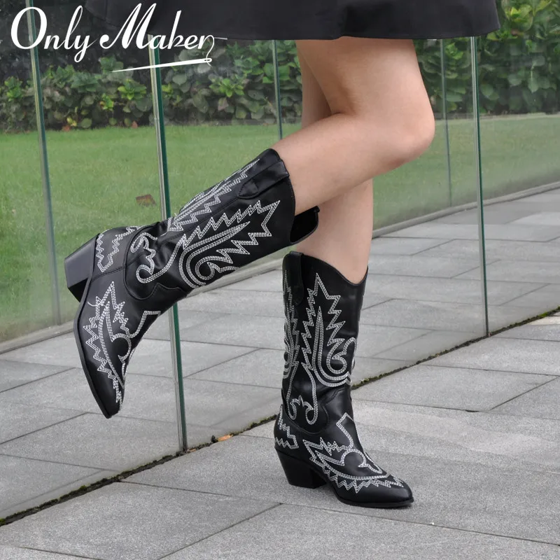 

Onlymaker Women Pointed Toe Black Embroidery Tapered Heel Round Up Mid-Calf Western Booties