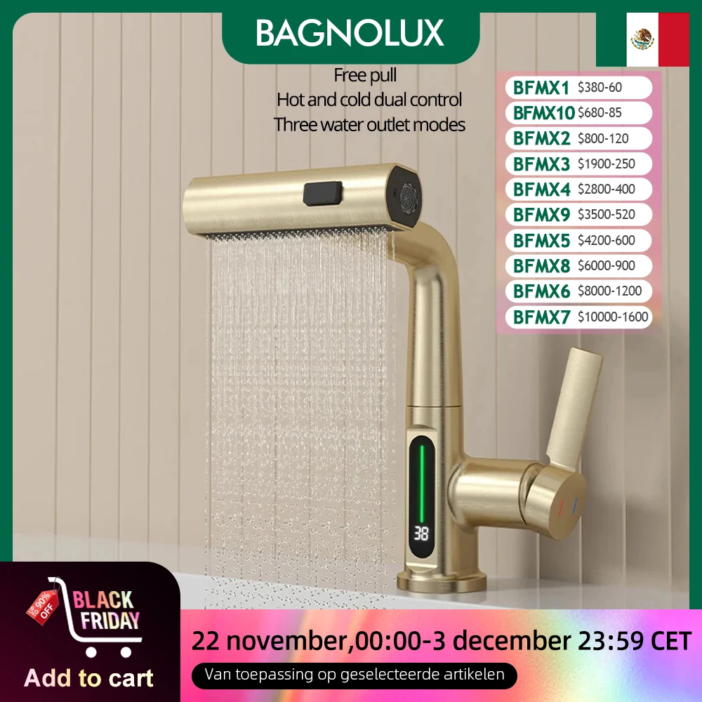 Матовый золотой смеситель для раковины с цифровым дисплеем