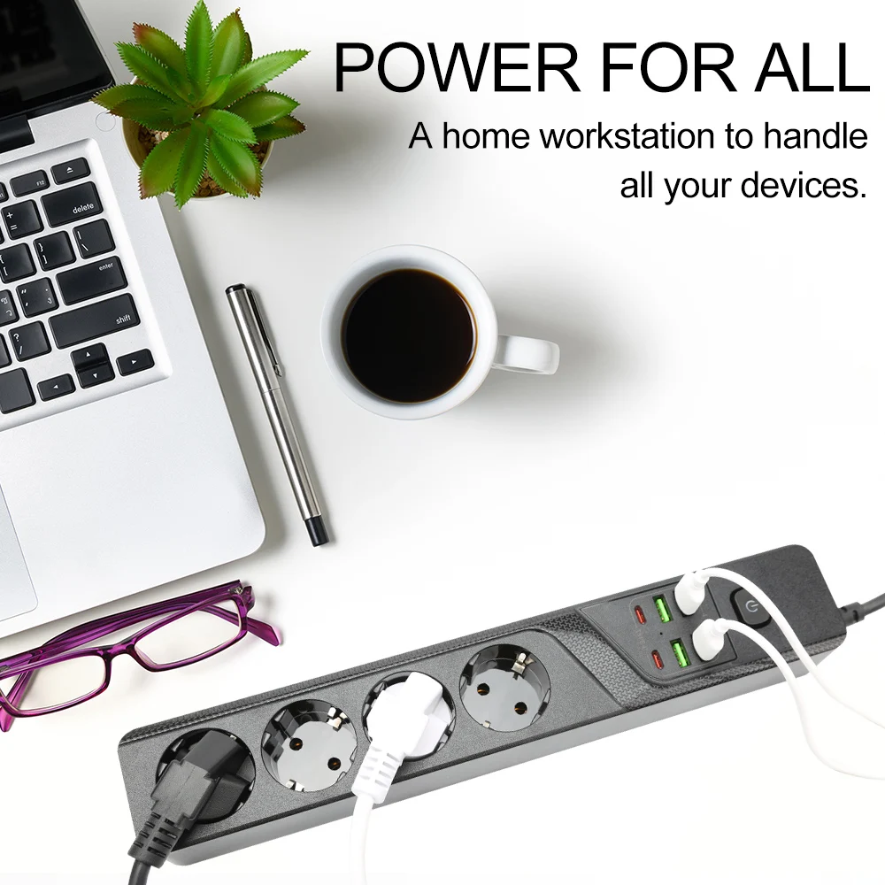 Адаптер удлинителя Power Strip Euro Plug 2 м с 4 розетками и 6 USB-портами для зарядки Type-C