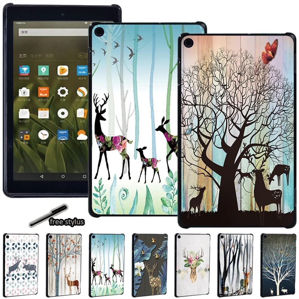 

Tablet Hard Case for Amazon Fire 7/ HD 8/HD 8 Plus 2020/HD 10 Painting Deer Series Plastic Protective Shell + Free Stylus