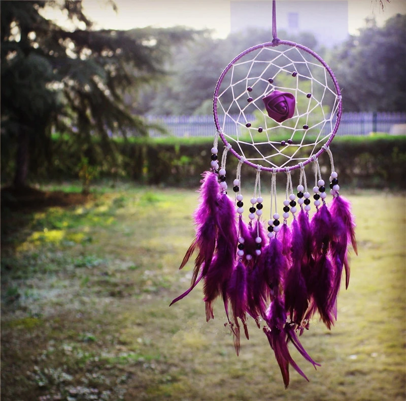 

Craft Big Purple Handmade Dreamcatcher Wolf Wind Chimes Indian Style Flower Feather Pendant Dream Catcher Gift Windchime