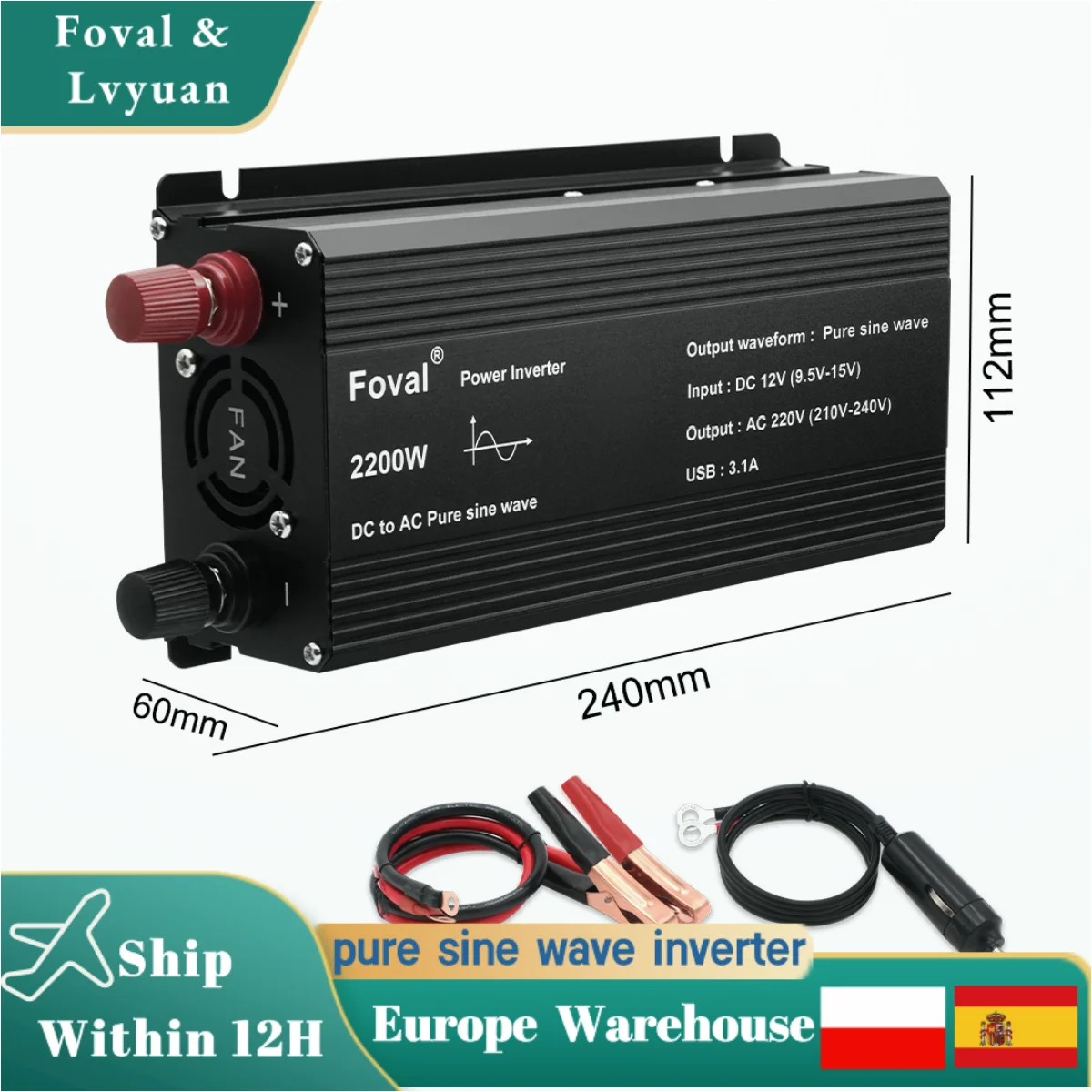 Светодиодный автомобильный инвертор с немодулированным синусоидальным сигналом 1500 Вт/2200 Вт/2600 Вт, постоянный ток 12 В в переменный ток 220 в 230 В, трансформатор солнечной батареи, конвертер USB, разъем ЕС для BMW Golf