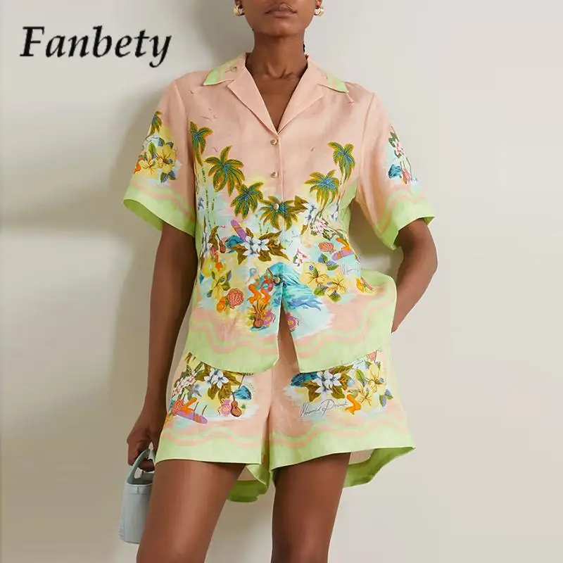 

Женский элегантный костюм с принтом, рубашка с отворотами и шорты, комплект из двух предметов, повседневный свободный костюм, женский летни...