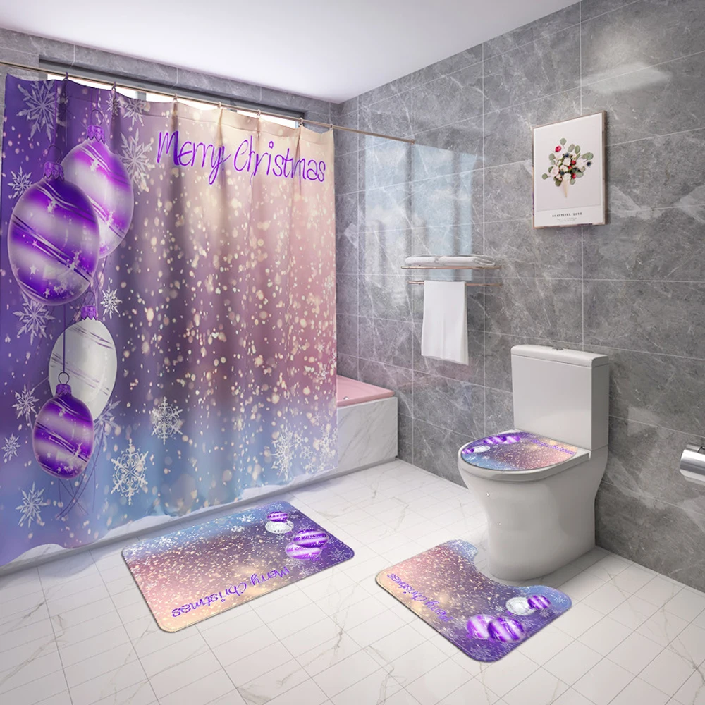 

Purple Xmas Ball Shower Curtain Set Pine Tree Snowflake Christmas Bathroom Bath Curtains Non-Slip Rugs Toilet Lid Cover Bath Mat