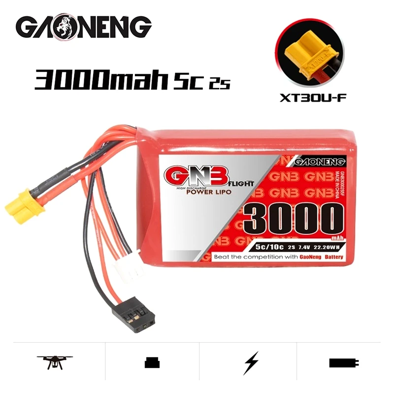 

GNB 2S 7.4V 3000mAh 5C/10C Lipo Battery For Futaba T16IZ Transmitter Remote Control RX RC Parts With XT30 Plug 7.4V Battery