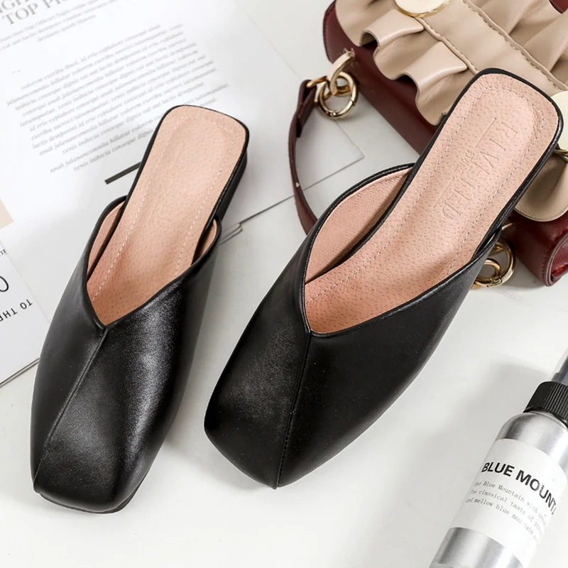 

New Women Baotou Muller Shoes Fashion Asakuchi Spring Summer Solid Color Low-heeled Sandals Slippers Outer Wear Large Size 44
