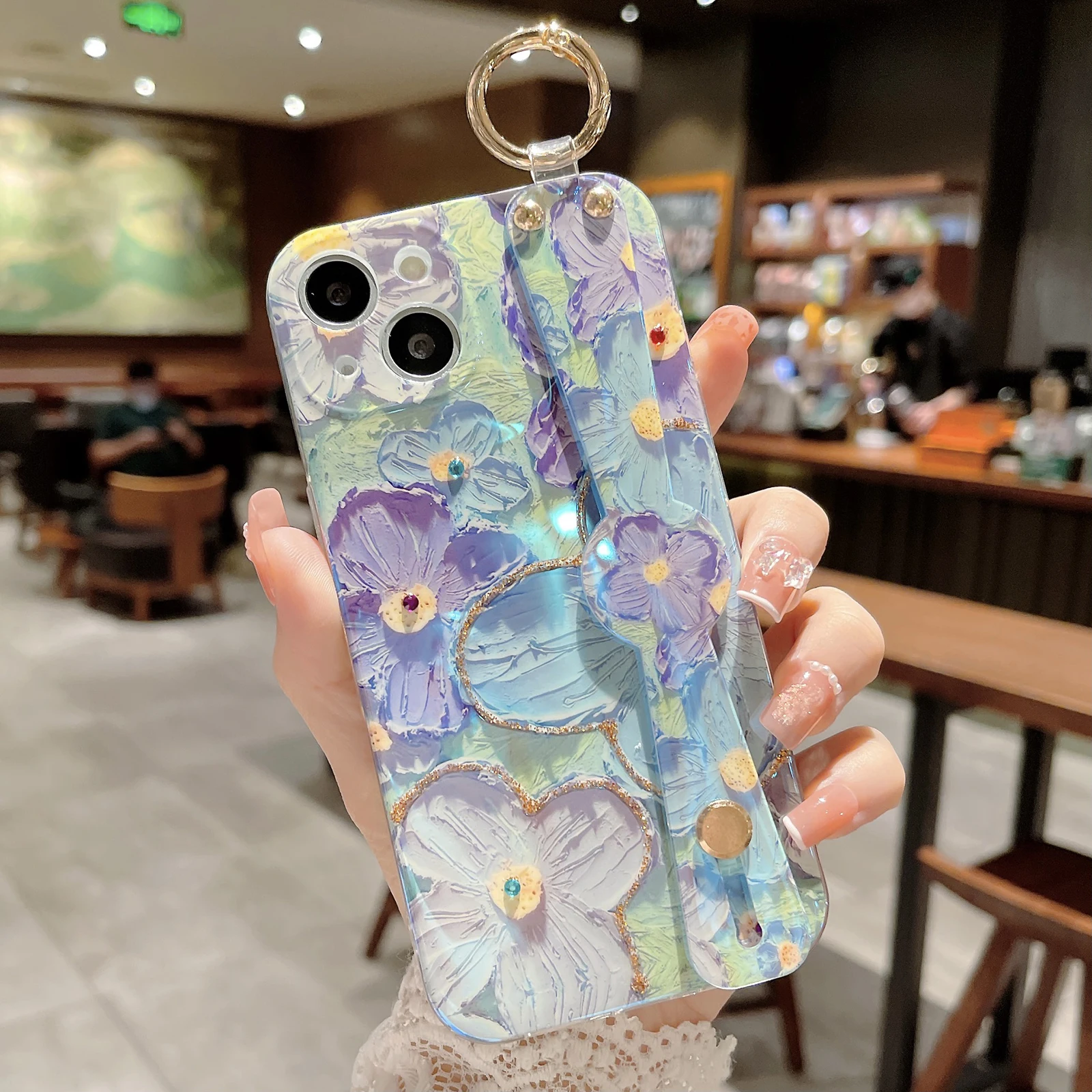 

Модный чехол для телефона с цветочным рисунком для iPhone 13 12 11 Pro Max XR X XS Max 7 8 Plus SE2022, противоударный мягкий чехол из ТПУ с ремешком на запястье