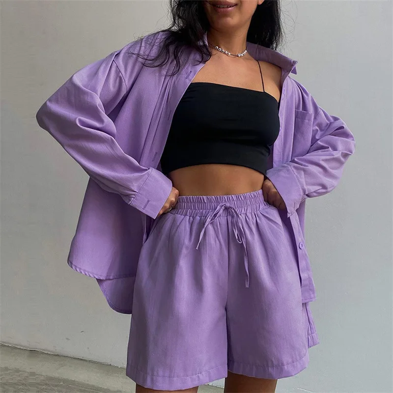 Summer Long Sleeve Turn Down Collar Button Long Shirts with Shorts Women Clothing Loose Casual Office Lady Cotton Two Pieces Set enlarge