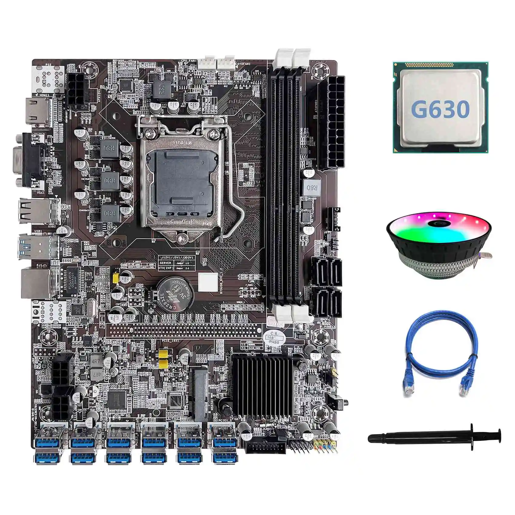 

B75 ETH Mining Motherboard 12 PCIE to USB LGA1155 Motherboard+G630 CPU+RGB Cooling Fan+Thermal Grease+RJ45 Network Cable
