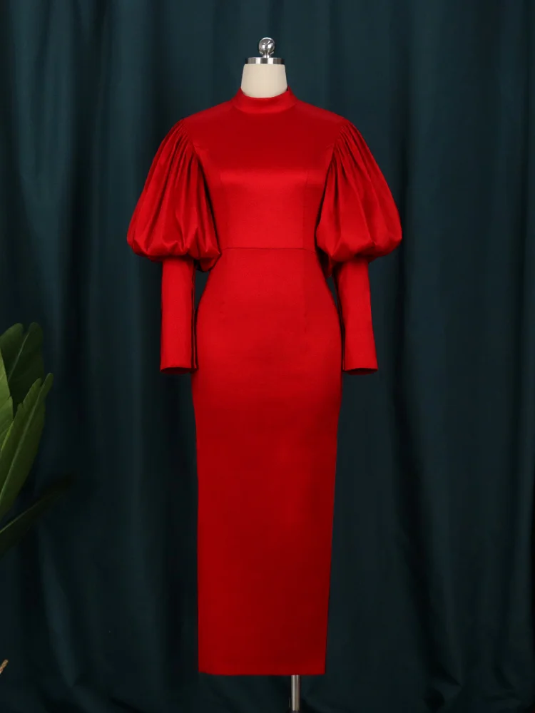2023 New in Wome Red Elegant Evening Dress Puffy Long Sleeve Slim Fit Bright Sparkly Large Classy Birthday Party Formal Outfit