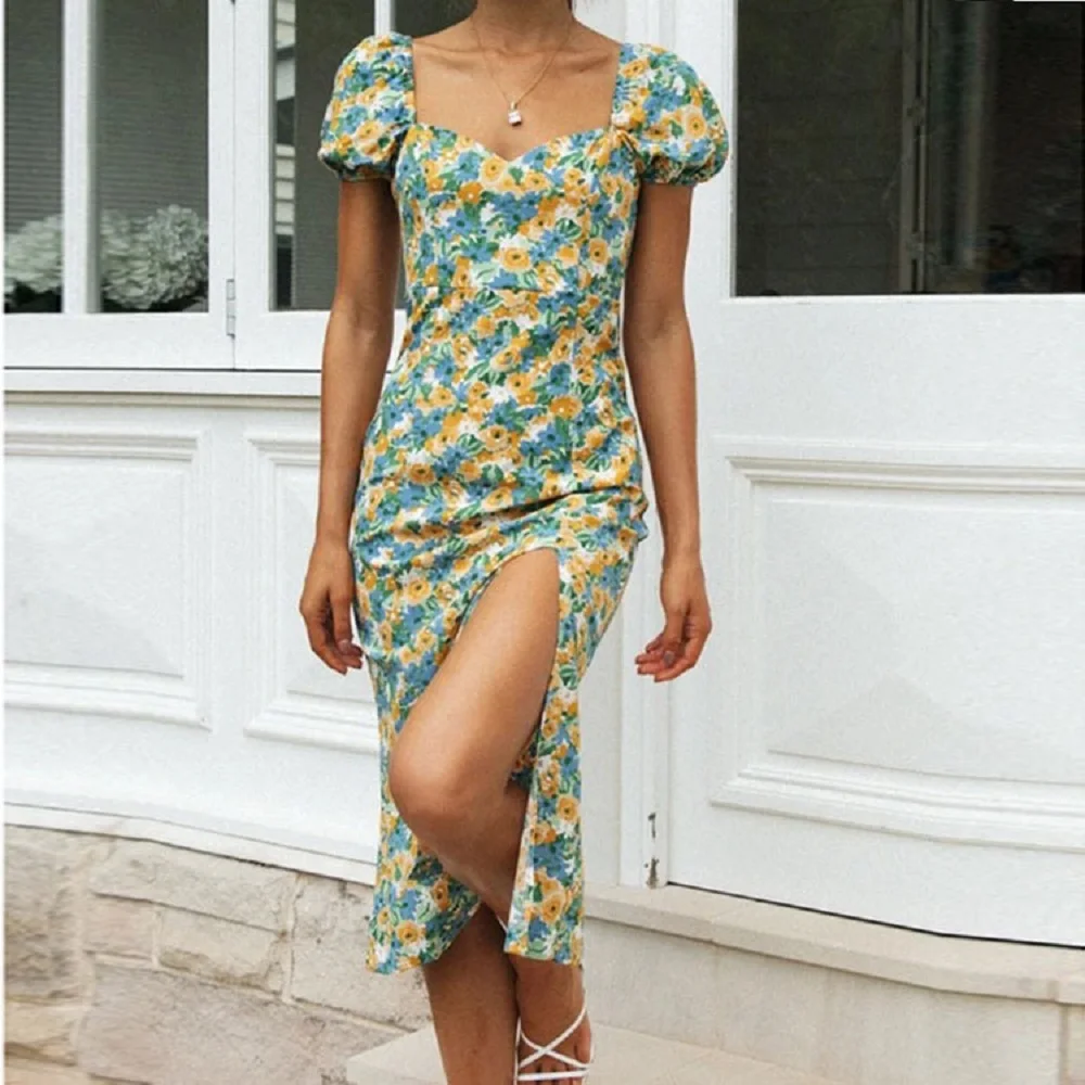 

Милое стильное Цветочное платье Wepbel, женское пикантное платье с квадратным вырезом, коротким рукавом, открытой спиной и разрезом, летнее облегающее платье миди с разрезом