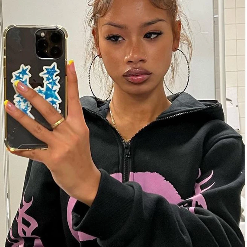 

Goth Embroidery Hoodies Women High Street Harajuku Retro Hip Hop Zip Up Hoodie Loose Man Sweatshirt Hoodie Clothes Y2K Hoodie