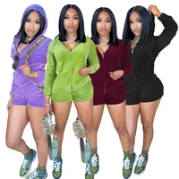 velvet hoodies two piece set stretchy ruffles crop tops cargo biker shorts pants winter fall casual clothes outfits streetwear