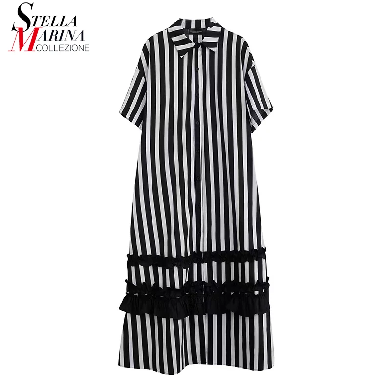 

Short-Sleeve Straight New Summer Casual Wear Black Green Long Striped Shirt Dress Plus Size Loose Fit Streetwear Robe MJQ2065