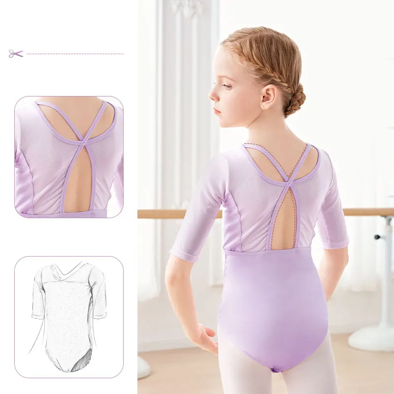 Gymnastic Leotard Girls Ballet Leotard Medium 3/4 Sleeves Mesh Splice Hollow Cross Back Dance Leotard For Girls Dancing Bodysuit