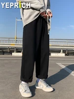 drawstring denim jeans for men elastic waist pants solid loose straight fit japanese boys trousers street wear fashion summer