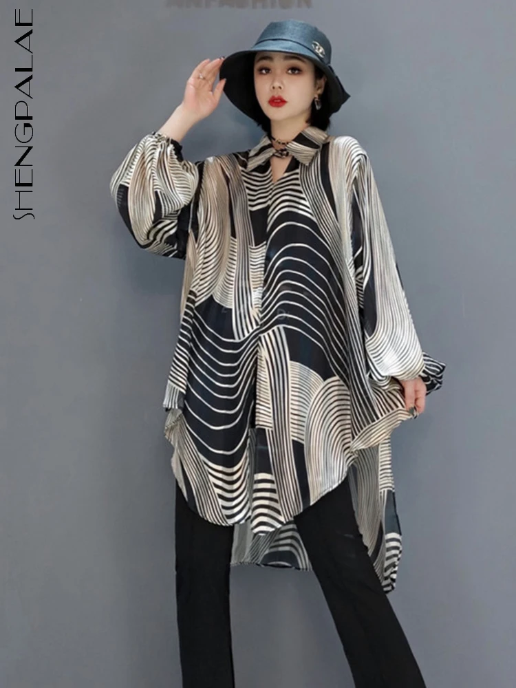 

SHENGPALAE женская рубашка, свободная, элегантная, в полоску, контрастные цвета, с отворотом, с длинным рукавом, блузки, новинка 2022, летняя мода ...