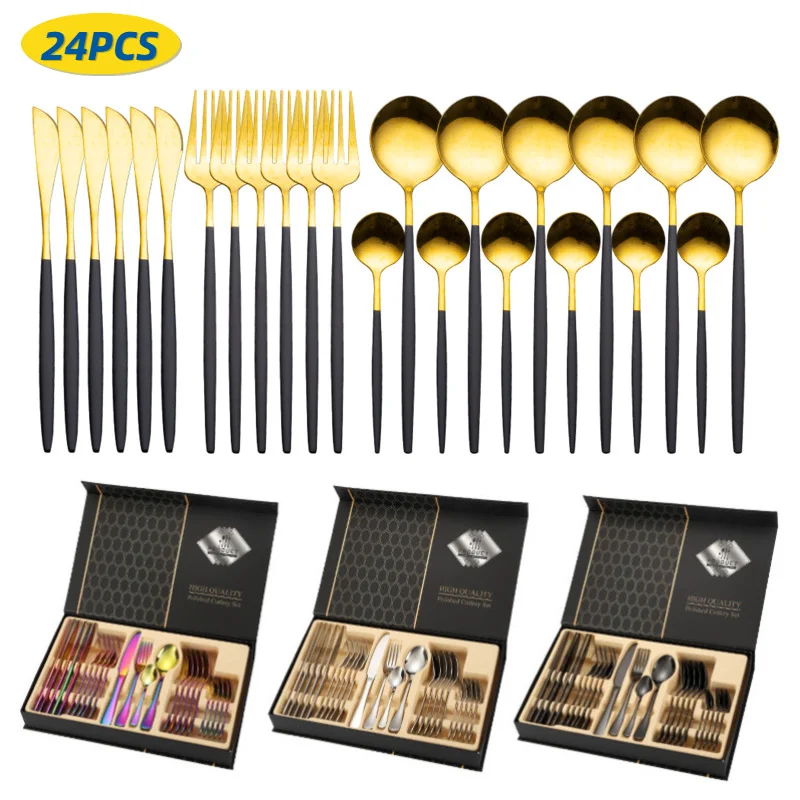 

24pcs Gold Dinnerware Set Stainless Steel Tableware Set Knife Fork Spoon Luxury Cutlery Set Gift Box Flatware Dishwasher Safe