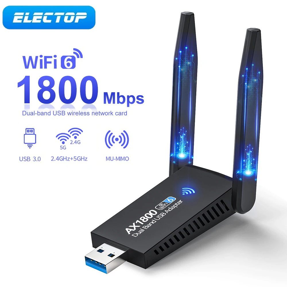 ELECTOP USB WIFI 6 Adapter Dual Antenna Network Card AX1800 Band 2.4G 5G Wifi for PC Laptop Tablet Game Controller - купить по