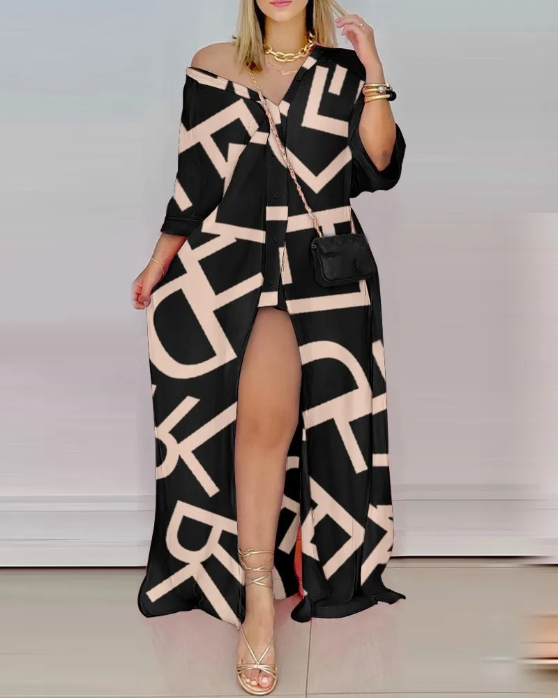 

Women Letters Print Shirt Dress Long Sleeve V-Neck Striped Fashion Casual Button Dress Trend Print Loose Splice Ladies Clothing