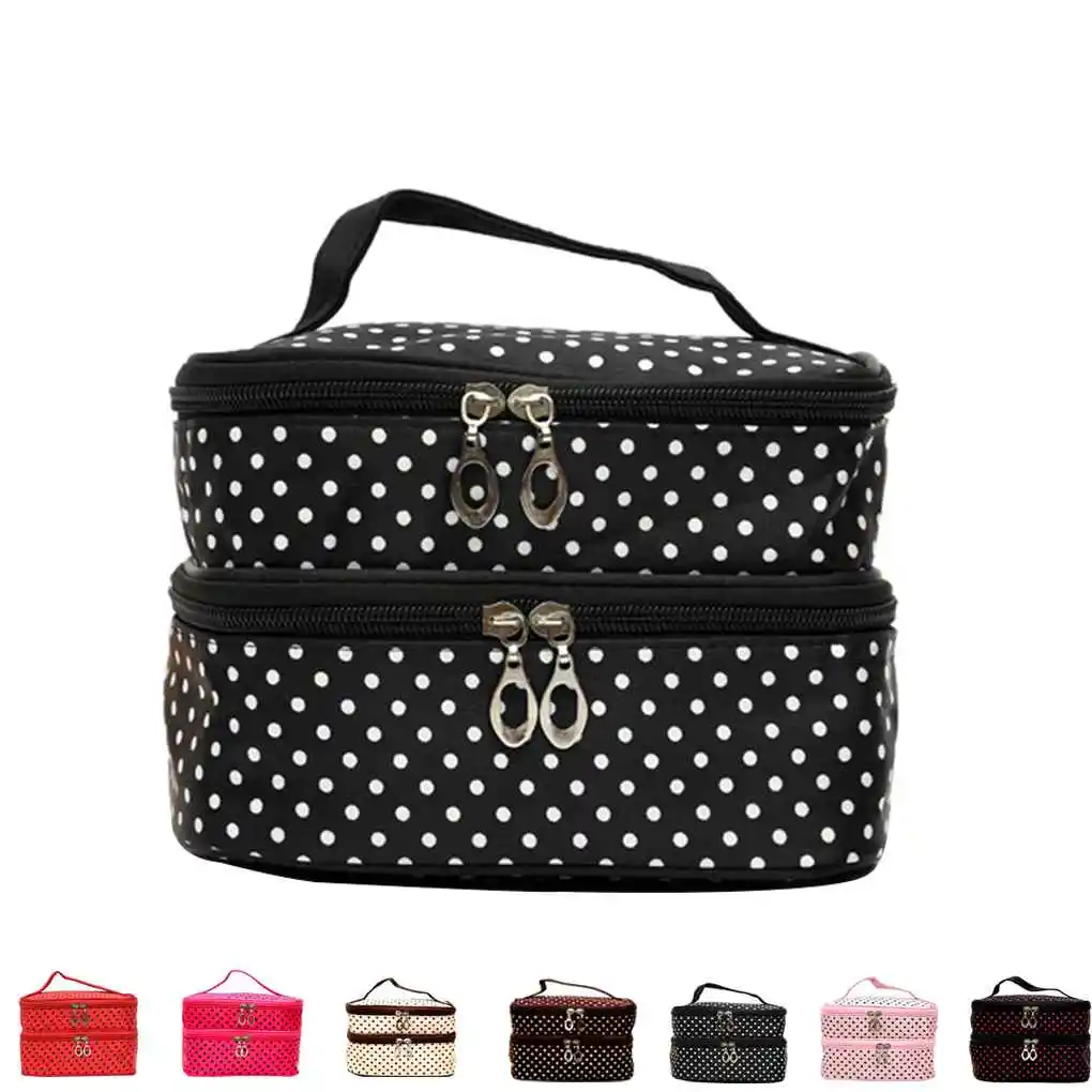 

Косметичка для женщин и девушек, чехол для макияжа, двухслойная сумка-Органайзер в горошек с зеркалом для туалетных принадлежностей