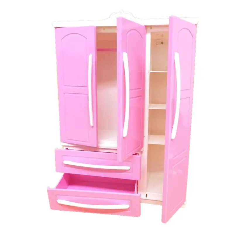 

Three-door Pink Modern Wardrobe Play set for Barbi Furniture Can Put Shoes Clothes Accessories with Dressing Mirror Girl