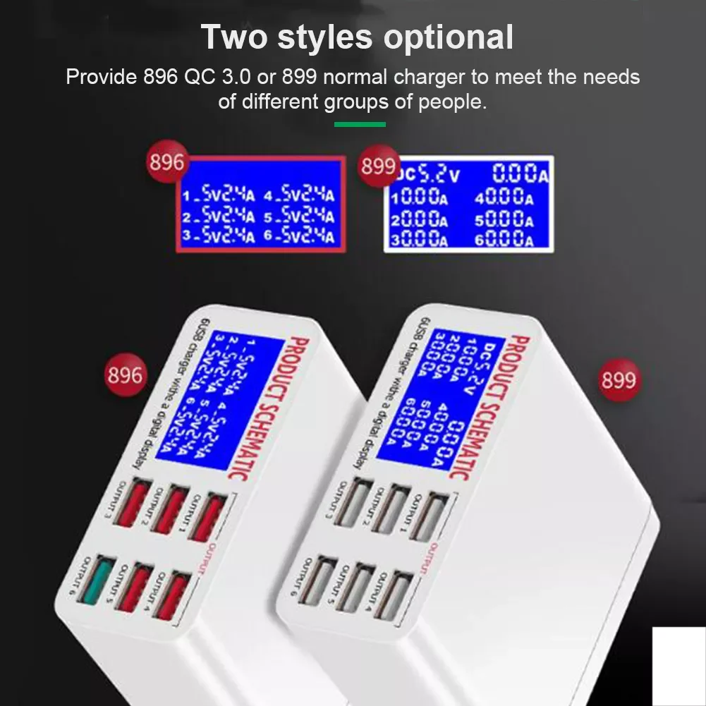 

6-Port QC3.0 USB Wall Charger Hub 40W 8A LCD Display Desktop Charging Station Smart Fast Charger For Mobile Phones Tablet PC