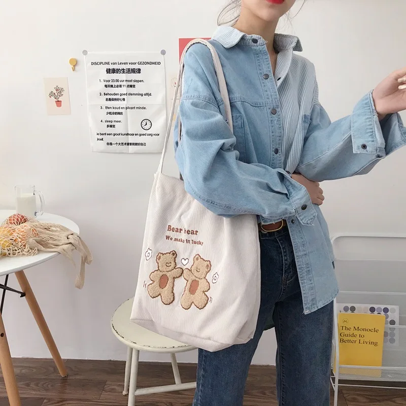 

Women Corduroy Shoulder Bag Lucky Bears Embroidery Striped Canvas Handbag Eco Cloth Tote Cute Soft Shopping Bags For Ladies