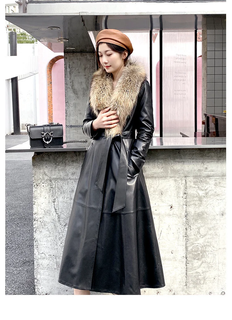 

Leather jacket,Genuine Leather Jacket Women Long Women's Down Jackets Sheepskin Coat Female Raccoon Dog Fur Collar Cuero Gen2023