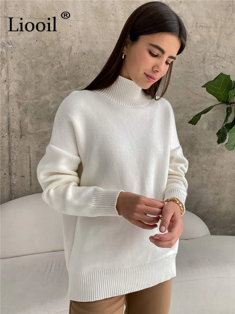 Black White Knit Turtleneck Sweater Women Pullovers Tops Long Sleeve Female Jumper Autumn Winter Streetwear Thick Baggy Sweaters