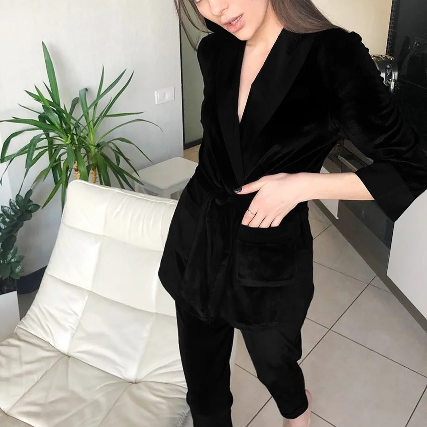 Women Robe Longue 2 Piece Robe Longue Velvet Robes Women Luxury Sleepwear Pajamas Set Pj Set