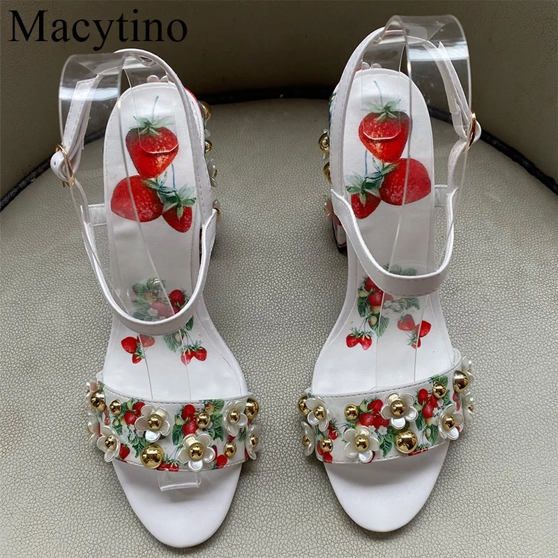 10CM High-heeled Sandals Women's 2022 Summer New Style Fashion Small Flower Decoration Buckle Strawberry Pictures  Shoes