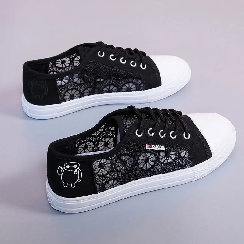 Summer New Women's Casual Board Shoes Lace Design Breathable Comfortable Non-slip Sole Office Student Mesh Flats