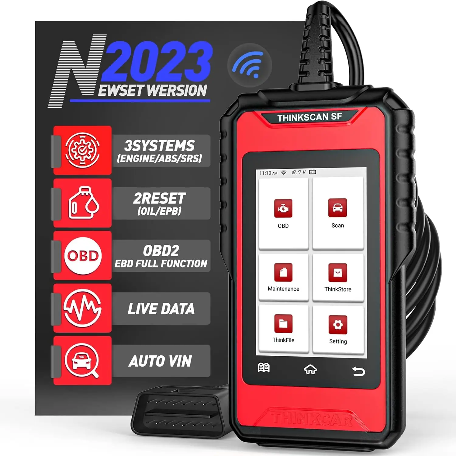 

Scanner ThinkScan SF100 OBD2 Scanner ABS SRS Check Engine Light with 28 Reset (2 Free Optional) Car Diagnostic Tools with Oil EP