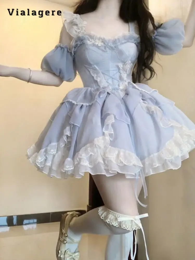 

2023 Summer Lolita Style Puff Sleeve Strapless Lace Asymmetrical Dresses Women's Fairycore Chiffon Princess Slim Patchwork Dress