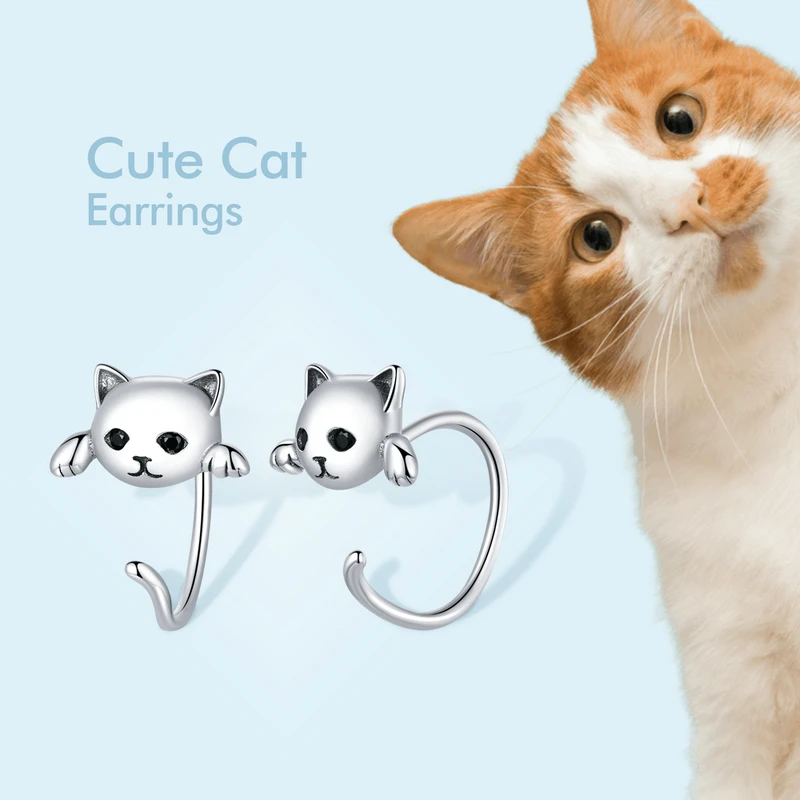 

WOSTU Genuine 925 Sterling Silver Cute Cat Lovely Small Free Pick Design Stud Earrings for Women Fine Jewelry Gift Making