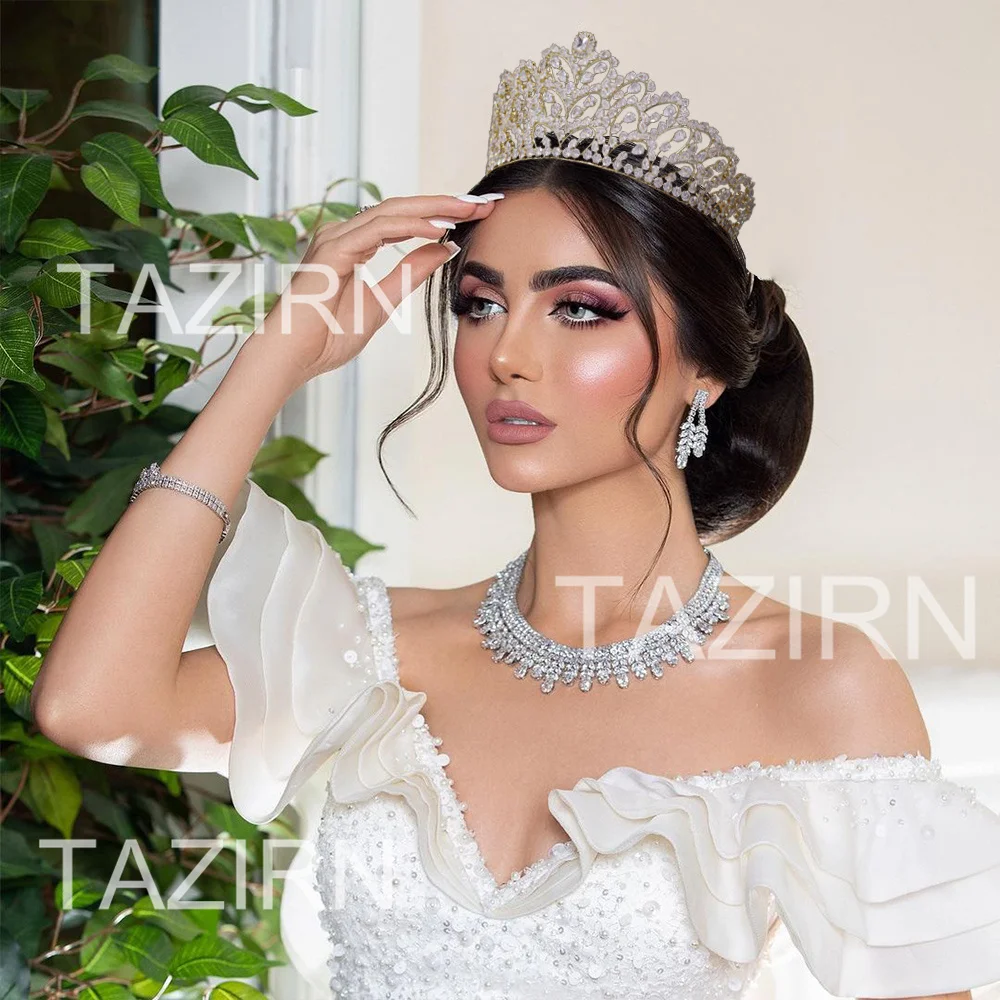 Фото TAZIRN Роскошные 3A циркониевые большие свадебные короны для дня рождения, милая диадема, диадемы для подружки невесты, CZ, украшения для волос ручной работы №3