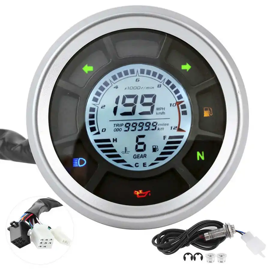 3.8in Motorcycle Round Instrument 12000RPM 1-6 Gear LCD Digital Speedometer Odometer Tachometer Multifunction Universal