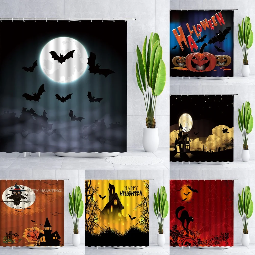 

Holiday Decoration Shower Curtain Halloween Owl Castle Moon Night Pumpkin Witch Scarecrow Bat Spooky Fabric Bathroom Curtains