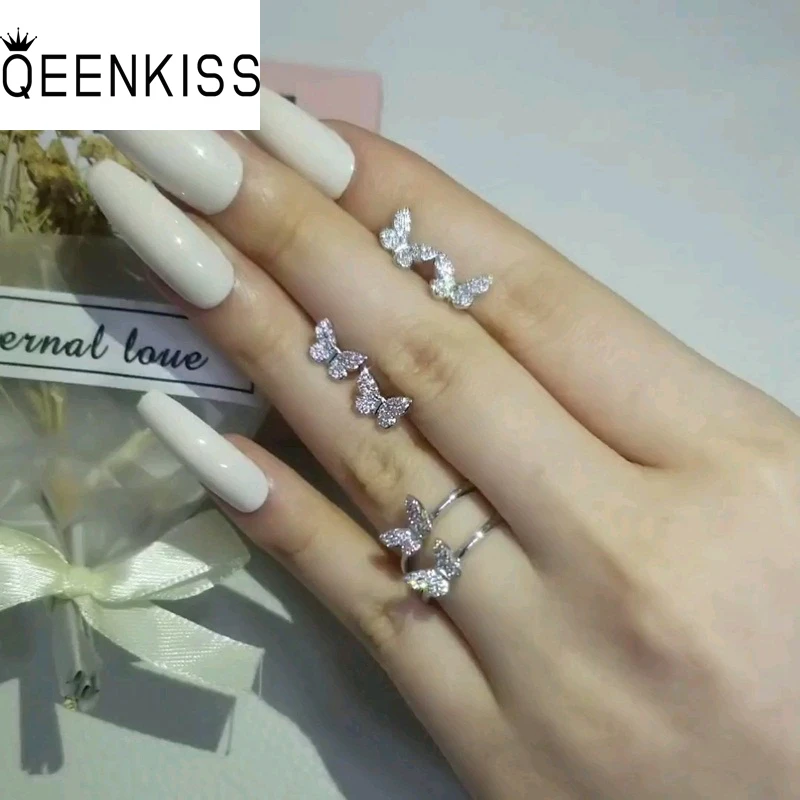 

QEENKISS Butterfly Jewelry Set For Women Shiny Luxury Zircon Stud Earrings+Ring Fine Jewelry Wedding Party Bride Girl Gift JS717