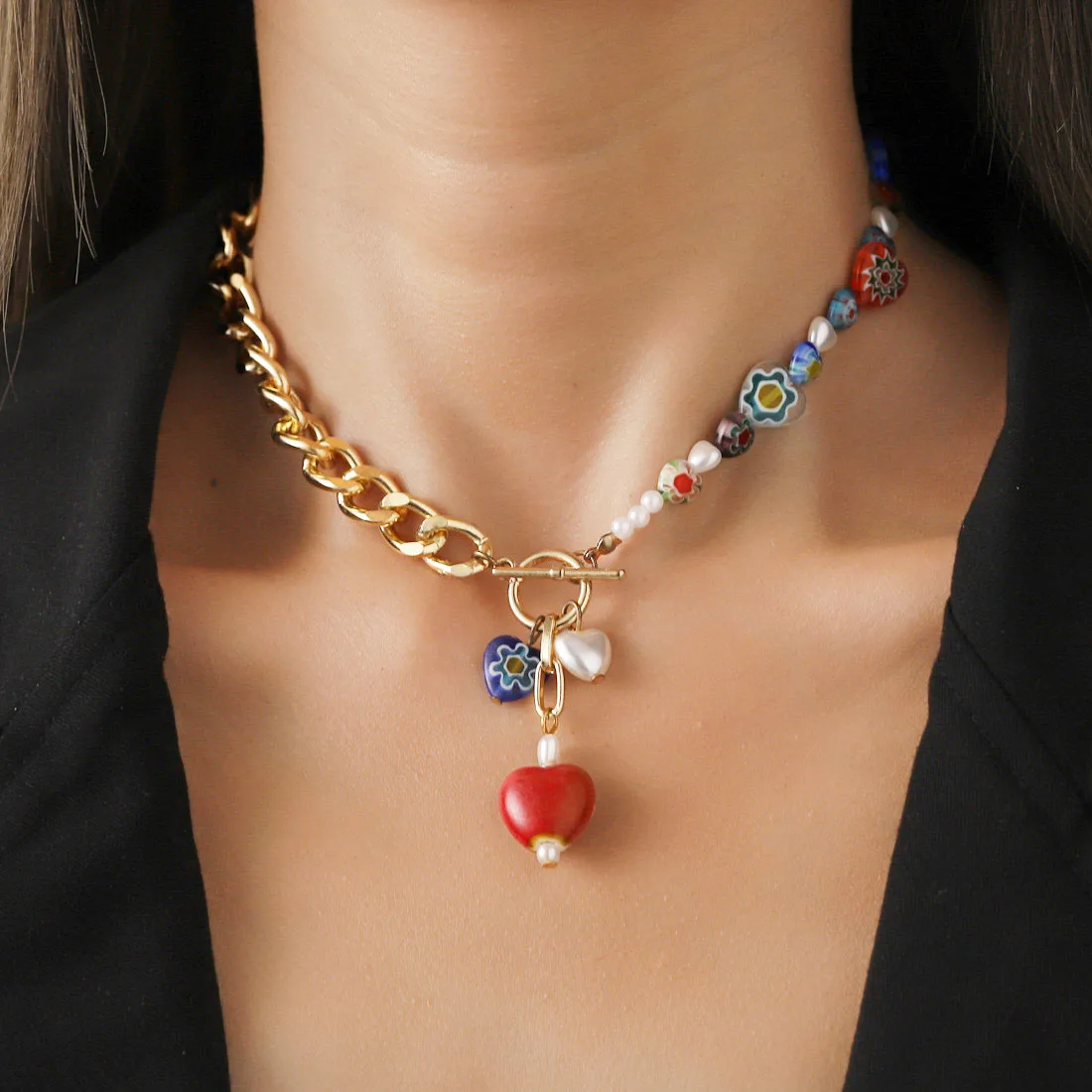 Цепочка с кулоном в виде сердца Женская летняя разноцветная ожерелье бусинами