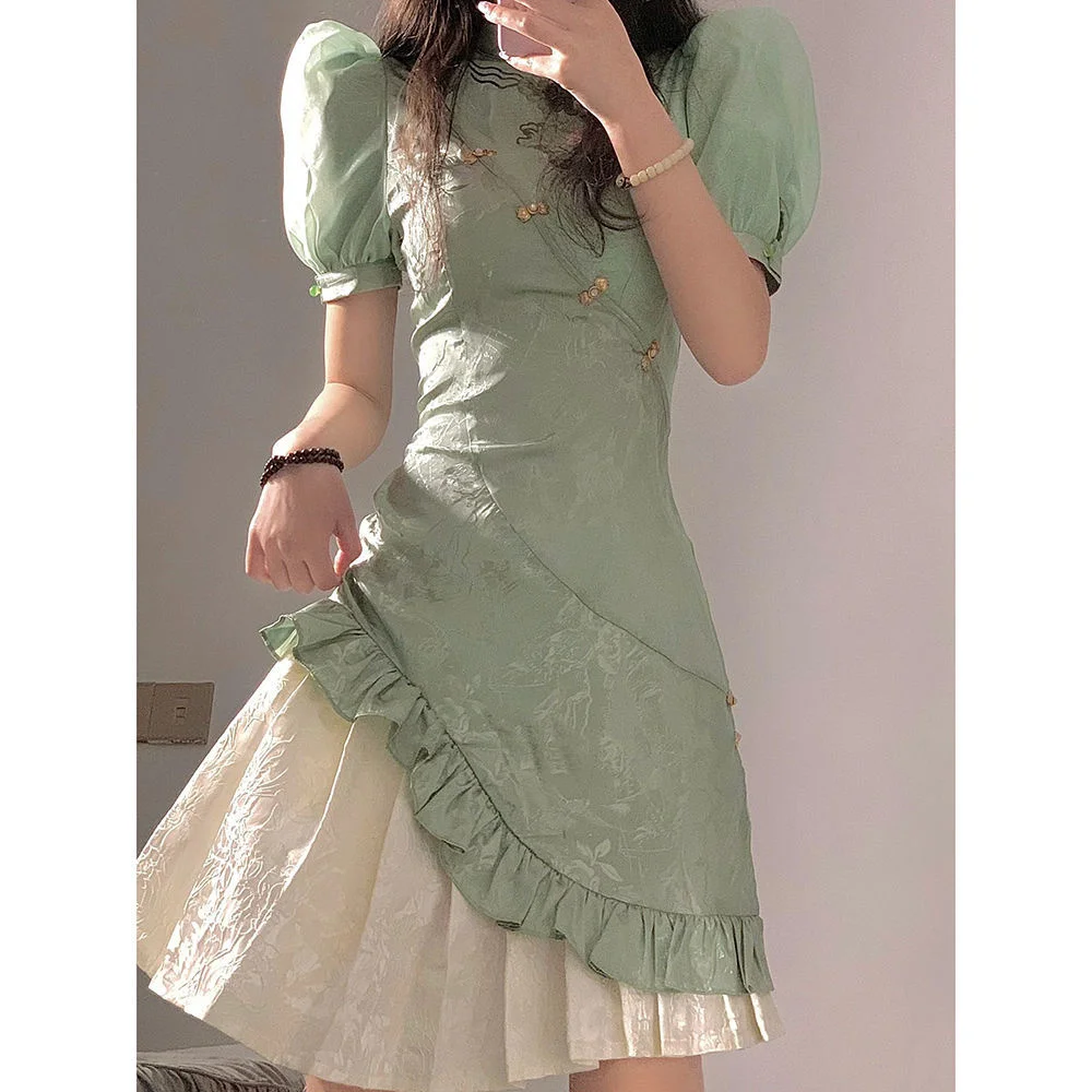 Двуслойное улучшенное платье Ципао с рукавами-фонариками новое приталенное в