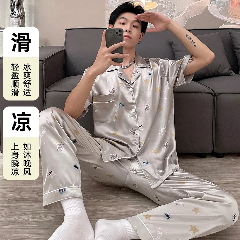 2022 Summer Silk Satin Print Short Sleeve Long Pants Pajama Sets for Men Korean Cute Sleepwear Suit Pyjama Homewear Home Clothes