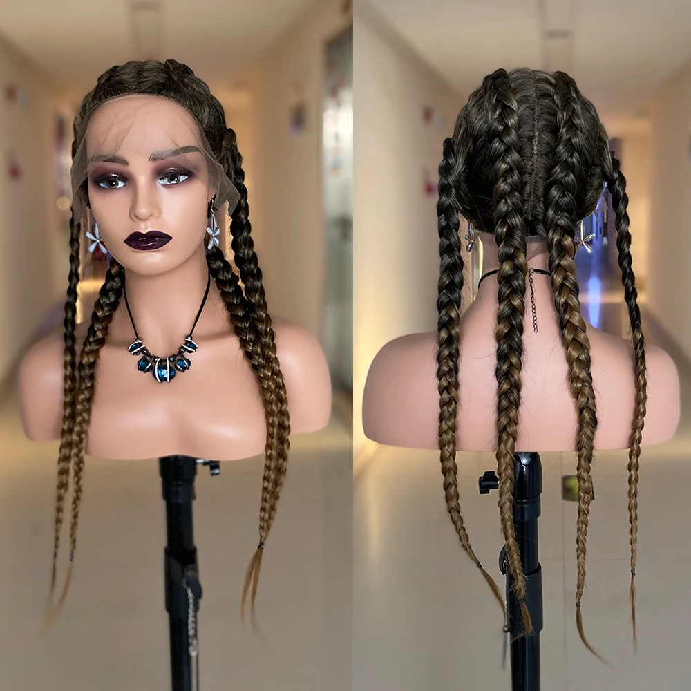 4 Cornrow Braided Lace Front Synthetic Wig Long Straight Double Dutch Box Braid Lace Wig For Black Women