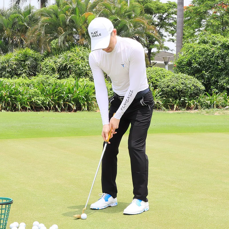 PLAYEAGLE Summer Men Golf Sunscreen Shirt Long Sleeve Ice Silk Sunscreen Top Breathable High Collar Elastic Quick Dry Sportswear