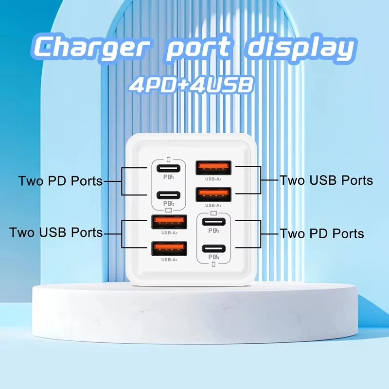 Фото Зарядное устройство 8-в-1 GaN USB-C мощностью 240 Вт для быстрой зарядки телефонов, адаптер питания для iPhone, Xiaomi, Type-C, с вилками EU/US/UK, настенное зарядное устройство 2026 №5
