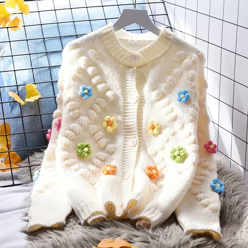 

DAYIFUN Women Knitted Cardigans Winter Autumn Single Breasted 3D Flower Sweaters Lady Girl Streetwear Chic Knitwear Jumpers Tops