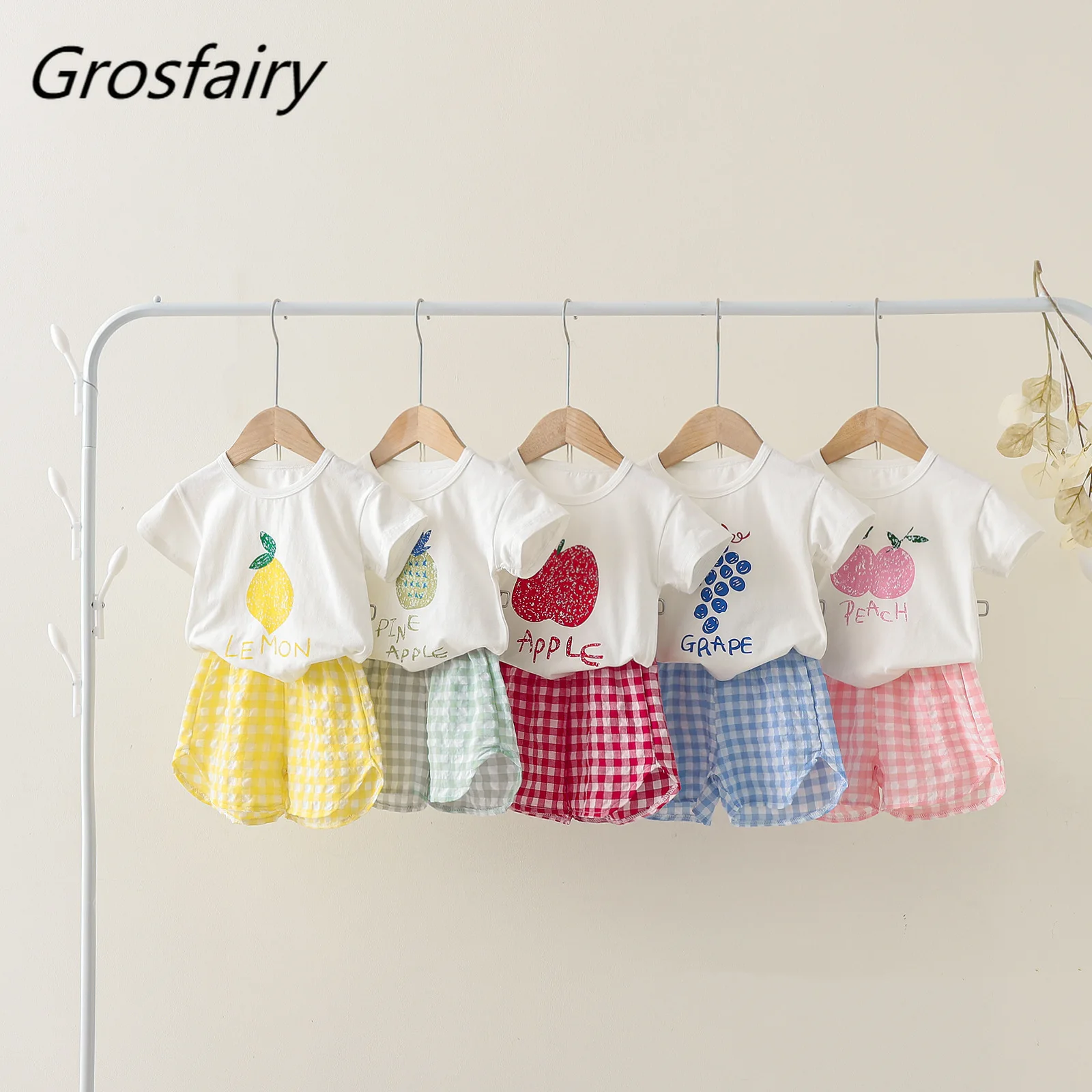 

Grosfairy Summer Baby Girl's Clothing Sets 2PCS Fruit Printed Tshirt+Plaid Shorts Toddler Boys Outfits Fashion Kids Clothes